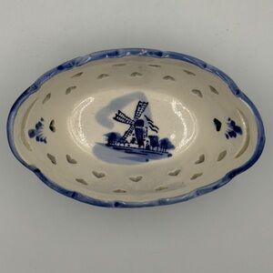 Vintage Delft Holland Hand Painted Blue White Heart Pierced Trinket Dish